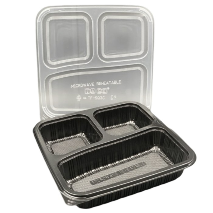 3 Compartment Food Container with Lid- Black 300pcs @ www.mqsupplies.com