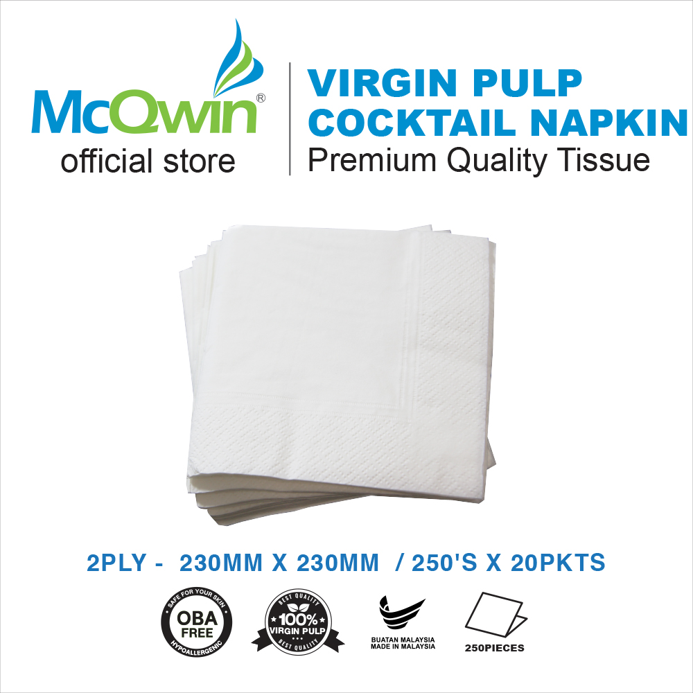 2 Ply Cocktail Napkin Plain White Virgin Pulp 230mm x 230mm x